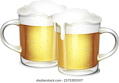 Two beer mugs with frothy tops clinking together