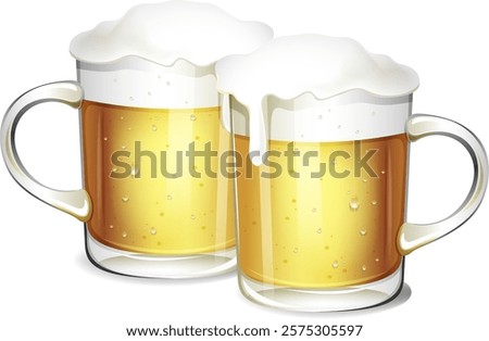 Two beer mugs with frothy tops clinking together