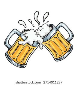 Dos tazas de cerveza se pegan hasta que salpican. Ilustración vectorial sobre blanco