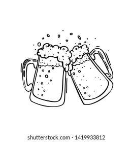 
Two beer mugs, knocking on each other, toast, doodles illustration of a holiday, fun, with alcohol, a splash of beer foam.