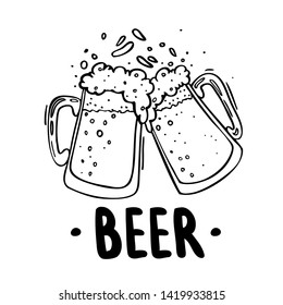 
Two beer mugs, knocking on each other, toast, doodles illustration of a holiday, fun, with alcohol, a splash of beer foam.