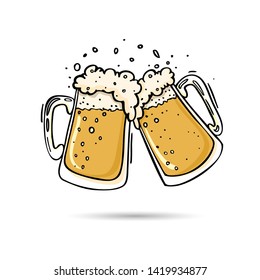 
Two beer mugs, knocking on each other, toast, doodles illustration of a holiday, fun, with alcohol, a splash of beer foam.