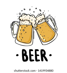 
Two beer mugs, knocking on each other, toast, doodles illustration of a holiday, fun, with alcohol, a splash of beer foam.