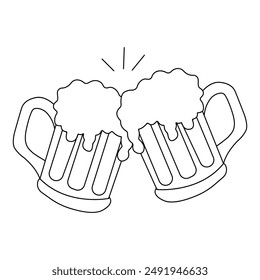 Two beer mugs, knocking on each other, toast, doodles illustration of a holiday, fun, with alcohol, a splash of beer foam.