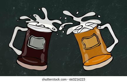 Two Beer Mugs With Light and Dark Beer. Clink with Splash. Isolated on a Black Chalkboard Background. Realistic Doodle Cartoon Style Hand Drawn Sketch Vector Illustration.