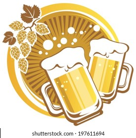 Two Beer Mugs  On A Striped Background.