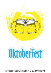 Two beer mugs on yellow brush stroke with sticker style text Oktoberfest, for festival celebration template flyer design.
