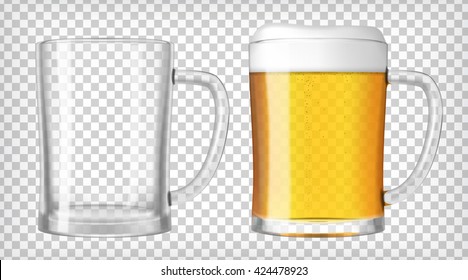 Two beer mugs, one empty and one full. Lager beer. Transparent realistic elements.Ready to apply to your design. Vector illustration.