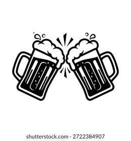 Two beer mugs are shown clinking together in a celebratory toast, presented in a simple black and white style.