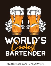 Dos tazas de cerveza con las manos del esqueleto que los sostienen. El mejor barman, bebe con los dedos esqueléticos. Diseño de cerveza esqueleto divertido. Alcohol.