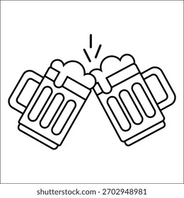 Two beer mugs toasting isolated on white background. Celebration with beer in the pub. Vector illustration in outline style. Black and white drawing. Simple design.