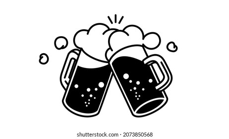 Two beer mugs toasting. White and black illustration.