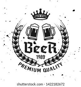 Two beer mugs vector emblem, label, badge, stamp or logo in monochrome vintage style isolated on background with removable grunge textures
