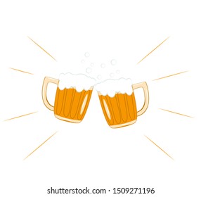 Two beer mugs vector isolated image on white background. The concept of the Oktoberfest.  Beer mugs in flat style on white toast.