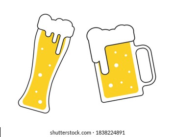 Two beer mugs with white foam isolated on white background. Cheers beer glasses vector illustration in flat style