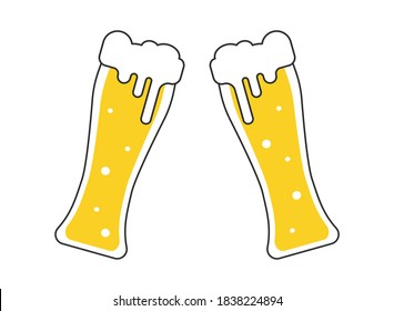 Two beer mugs with white foam isolated on white background. Cheers beer glasses vector illustration in flat style