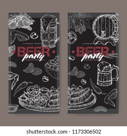 Two beer party labels with beer keg, mug, chips, nuts, chicken wings, hop branch and snack plate on black. Great for bar, restaurant, cards and menu, pub signs, culinary design.