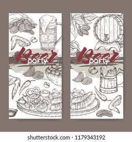 Two beer party labels with beer keg, mug, chips, nuts, chicken wings, hop branch and snack plate on white. Great for bar, restaurant, cards and menu, pub signs, culinary design.