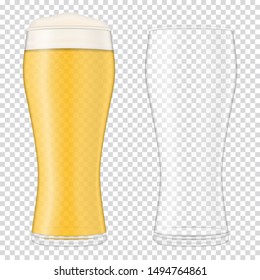 Two beer realistic glasses. One empty glass and glass full with pale beer. Fully transparent. Vector illustration EPS10.