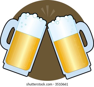 Two beer steins making a toast on a brown background