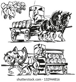 Two beer wagons and a hop branch Images showing two horse-drawn beer wagons and a hop branch. The first wagon is more typical for Anglo-Saxon, the second for the middle-european area.