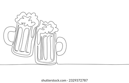 Two beers, cheers concept. October Fest banner, silhouette vector. One line continuous vector line art outline illustration. Isolated on white background.