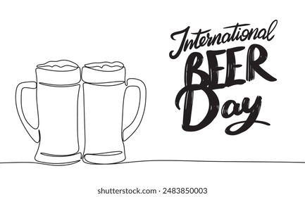Two beers silhouette one line continuous. International Beer  Day. Hand drawn vector art