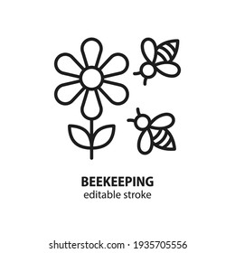 Two bees around a flower line icon. Vector symbol of beekeeping. Editable stroke.