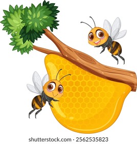 Two bees buzzing around a honeycomb on branch