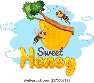 Two bees buzzing around a honeycomb on tree