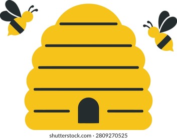 Two bees buzzing around a vibrant yellow beehive in a sunny outdoor garden setting