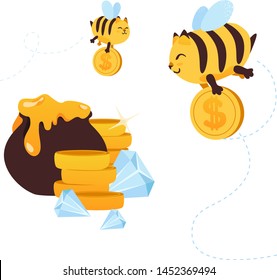 
Two bees with cat muzzles accumulate wealth, bringing gold coins to their pile of coins and jewels, next to a pot of honey. vector illustration - symbol of diligence, passive income, performance