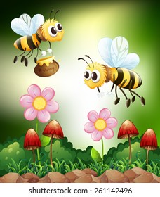 Two bees collecting honey from flowers