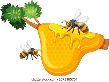 Two bees collecting honey from a tree branch