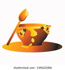 Two bees eat honey from a pot. Delicious and very sweet honey attracts bees