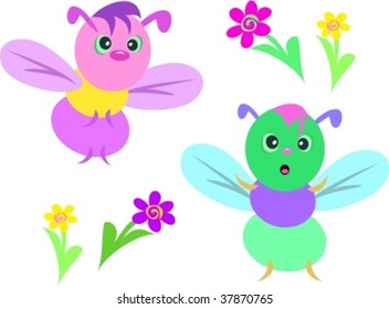 Two Bees and Flowers Vector