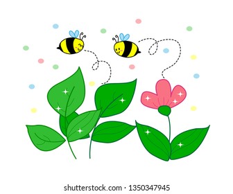 Two bees flying around the beautiful pink flower