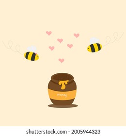 Two Bees Flying To The Honey Pot. Love. Vector Illustration. Flat Animals