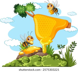 Two bees gathering honey from a honeycomb