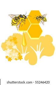 Two bees, honeycombs, honey and floral background are decorative composition