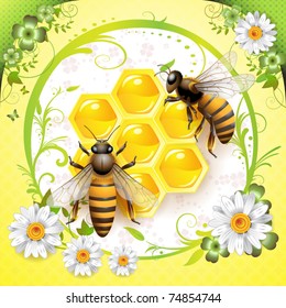 Two bees and honeycombs isolated over springtime background