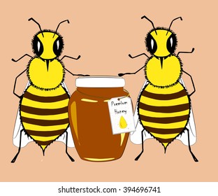 Two bees and jar of delicious natural honey. 