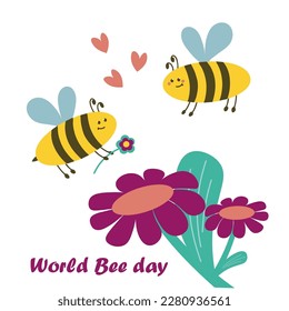 Two bees in love fly towards each other. World Bee Day. Cartoon character. For postcard, invitation or design. Flat vector illustration