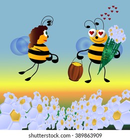 Two bees in love on a field of chamomiles. Vector illustration, card template.