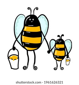 Two bees, mother and child with buckets of pollen and honey. Funny insects.