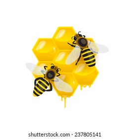 Two bees on honey combs. Illustration for design and advertising. Can be used as a logo, banner and element composition