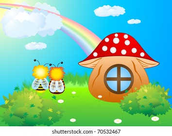 Two bees sitting on the green lawn near the house of the mushroom, and admiring the rainbow