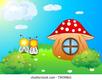 Two bees sitting on the green lawn near the house of mushroom clouds and admiring