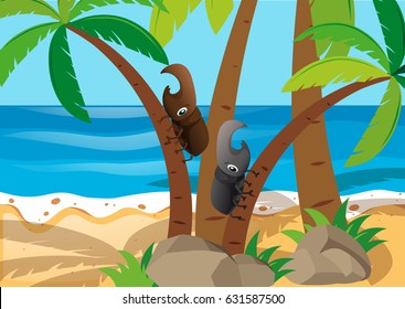 Two beetles climbing the tree illustration