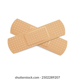 Two beige adhesive plasters, cross of bandage for treating wound vector illustration